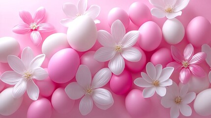 A soft light pink image displays Easter eggs and delicate white flowers scattered together.