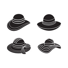 Set of Women summer hat silhouette, black and white silhouette, vector and illustration
