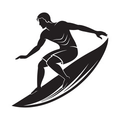 a man on a surfboard silhouette, black and white silhouette, vector and illustration