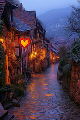 Photo réaliste professionnelle d’une rue de village médiéval au crépuscule, avec des réverbères projetant une lumière chaleureuse sur les pavés et des maisons à colombages bordant la rue