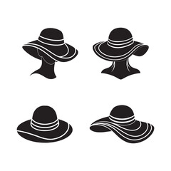 Set of Women summer hat silhouette, black and white silhouette, vector and illustration