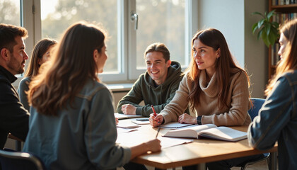 Language teacher engaging students in conversation, classroom dynamics