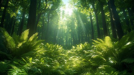 Fototapeta premium Sunbeams Illuminate Lush Green Forest Path