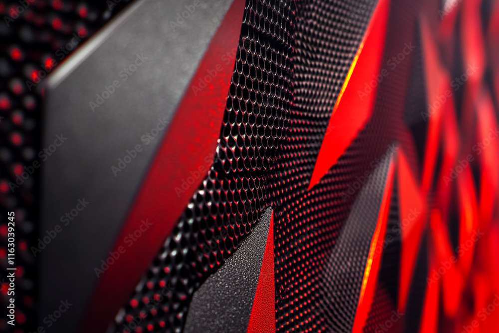 Poster Abstract macro close-up of a modern industrial surface with red accents and a textured black honeycomb pattern