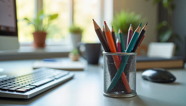 Colorful pencils in metal holder on desk, creative workspace