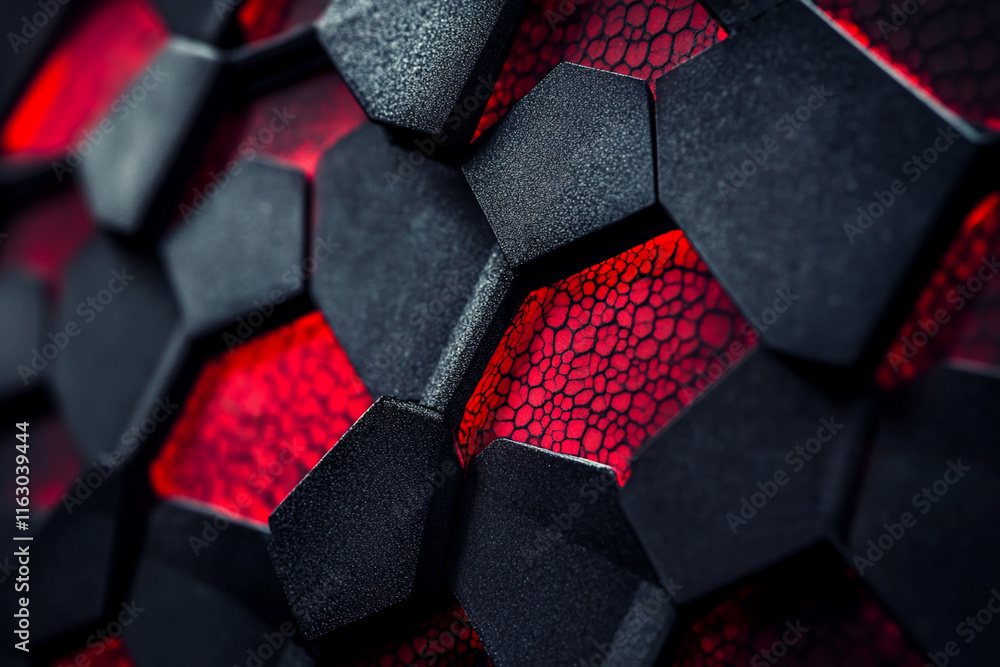 Poster Abstract close-up of a futuristic black and red hexagonal design with textured and illuminated details
