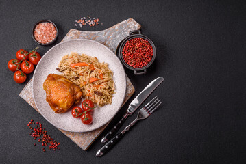 Delicious fresh pilaf with rice, carrots, meat, onions, spices and berries