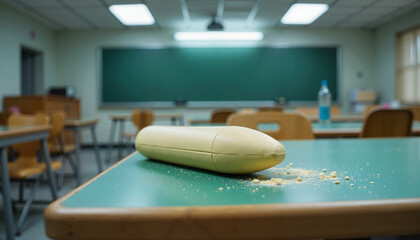 Chalkboard eraser on green desk in classroom, educational reflection