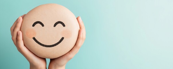 Hands holding large smiley face emoji circle against mint green background. Positive customer satisfaction concept for ecommerce and online shopping experience. 8k banner with copy space