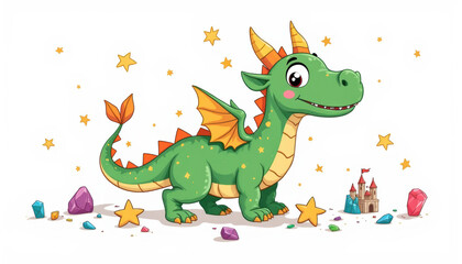 Fototapeta premium Cheerful cartoon dragon with tiny wings and colorful doodles