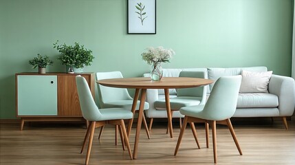 Fototapeta premium A mid-century modern room boasting a round table with mint chairs beside a soft green wall. A Scandinavian-style sofa and cabinet add to the chic, cozy, and beautifully minimalist ambiance