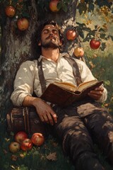 historical illustration of Isaac Newton resting against the trunk of a sprawling apple tree, surrounded by ripe apples
