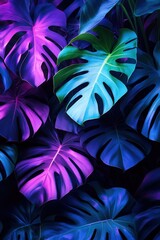 lush arrangement of large tropical leaves bathed in neon green and deep purple light. The composition showcases dramatic duotone shadows