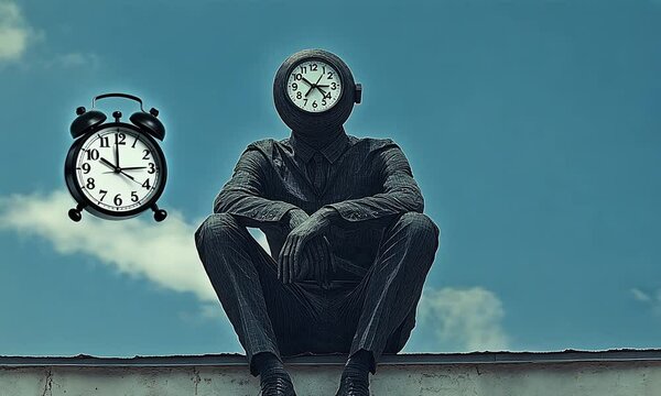 A surreal statue of a man with a clock for a head, sitting on a ledge against a blue sky.