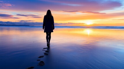  A lone person walking on a reflective beach at sunset, leaving footprints in the wet sand, with vibrant orange and purple hues in the sky.