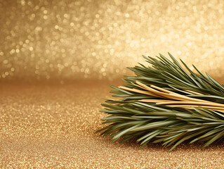 Golden Glitter Background with Green Leaves