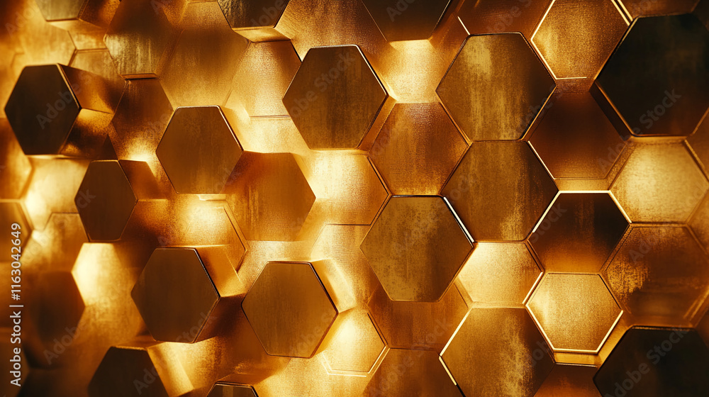 Poster luxurious geometric golden hexagon pattern with glowing metallic texture