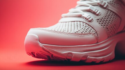 Close-up of a white sneaker on a vibrant coral background, highlighting the shoe's design and texture.