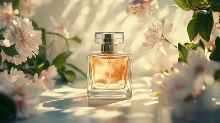 Elegant Perfume Bottle Amidst Delicate Spring Blossoms