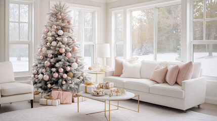 Modern living room decorated for Christmas with a stylish tree and cozy seating arrangement