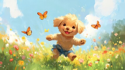 Fototapeta premium Happy Golden Puppy Plays in Sunny Wildflower Meadow