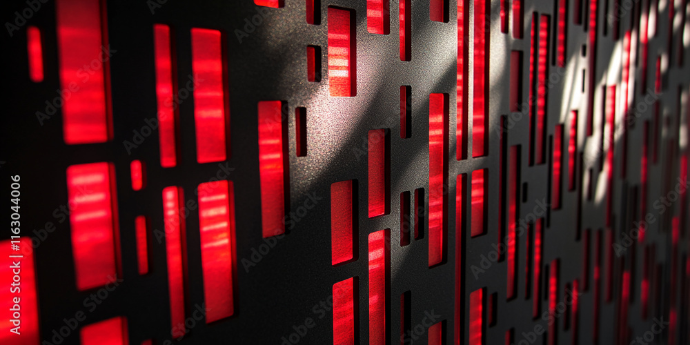 Poster modern abstract red and black perforated wall with geometric patterns and light effects