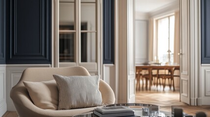 A plush chair in a sophisticated living space leading to a welcoming dining area, showcasing a blend of comfort and modern aesthetic decor.