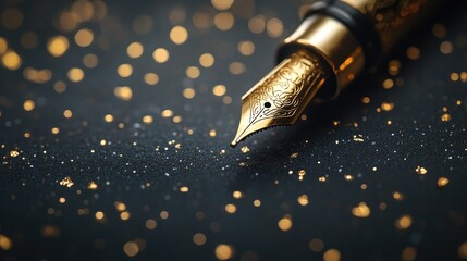 Golden Calligraphy Pen Writing Elegant Cursive Letters on Black Glossy Card