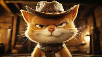 An animated cat dressed as a cowboy displays a charming, mischievous expression in a scene reminiscent of Western tales, infused with playful creativity.