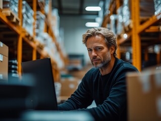 Obraz premium A warehouse setting where a focused man sits at a laptop surrounded by boxes and industrial shelves, symbolizing diligence and organization in a business environment.