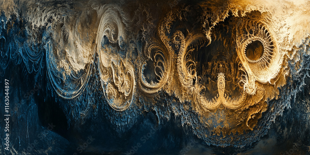Poster abstract fractal waves in golden and blue tones with intricate textures and swirls