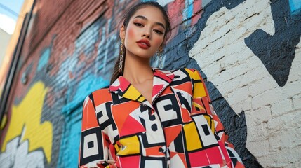 Obraz premium Urban Fashion: Model in Geometric Print Outfit Against Graffiti Wall