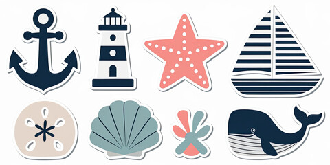 Fototapeta premium Nautical Summer Stickers Anchor Lighthouse Starfish Sailboat Whale Seashell Sand Dollar Coral