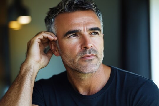 A contemplative portrait of a man with salt-and-pepper hair, wearing a black shirt, exhibiting a thoughtful expression against a subtle neutral backdrop.