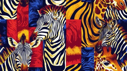 Vibrant Colorful Animal Patterns Featuring Zebras and Giraffes in Abstract Artistic Design