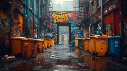 Fototapeta premium Urban Alleyway Graffiti Dumpsters Wet Ground