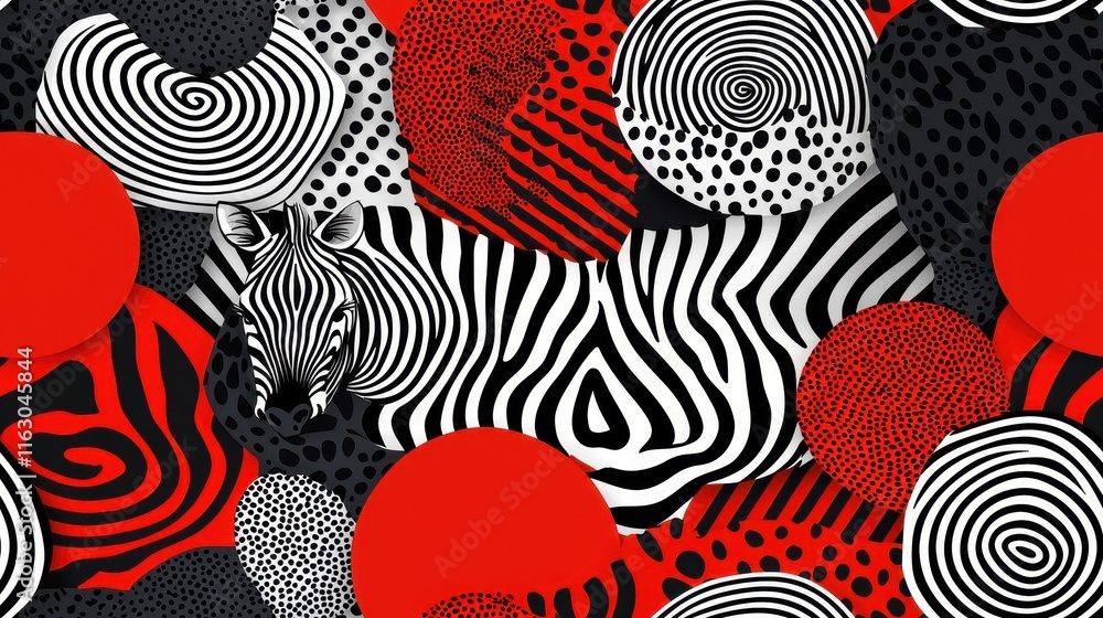 Poster creative abstract pattern with zebra in black, white, red, and circular shapes for artistic backgrou