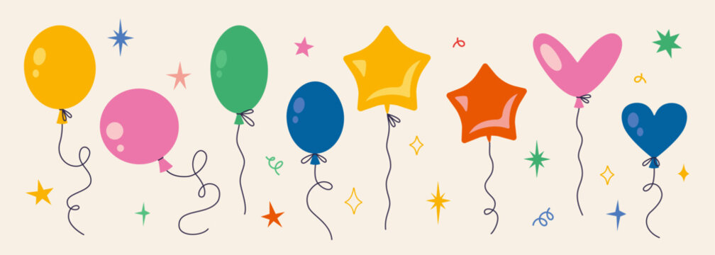 Celebration set with Various shapes Inflatable helium balloons and stars. Bright Festive party decor. Trendy modern vector illustration, hand drawn, flat design