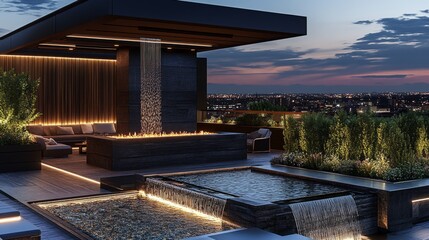 A luxurious rooftop setting at dusk, enhanced by an artistic water feature and ambient lighting, offering a peaceful escape above the bustling city below.