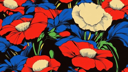 An eye-catching floral pattern exhibiting bold red and blue hues, skillfully illustrated to capture the striking contrast and vibrant energy of nature's beauty.