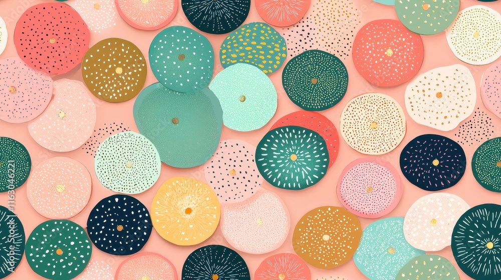 Poster colorful circles with patterns on a soft pink background for creative projects and design inspiratio