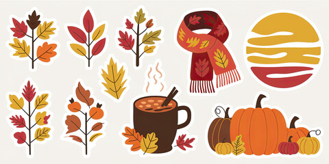 Autumn Stickers Fall Leaves Pumpkins Hot Drink Scarf