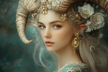 Capricorn zodiac woman with golden horns, white roses, and intricate gold jewelry on a soft green background, representing feminine elegance, astrology, and mystical beauty with artistic details.