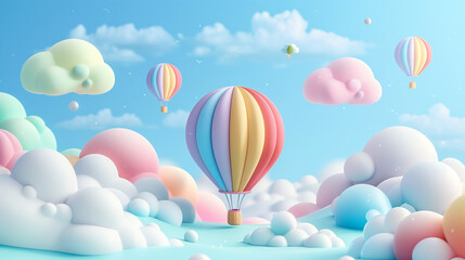 Whimsical Hot Air Balloon in Dreamy Cloudscape Illustration - Perfect for Fantasy and Imagination Themes