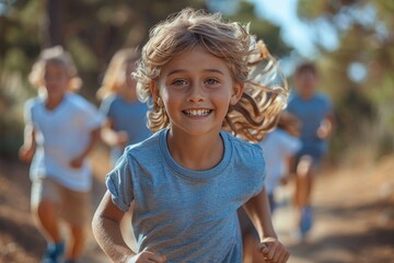 Portrait of smiling boy running in forest during obstacle course in boot camp