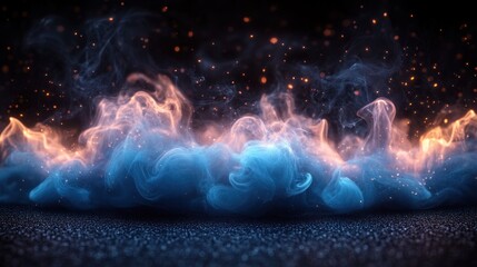 Abstract blue and orange smoke and fire with sparks.