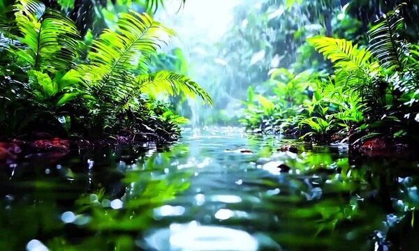 A vibrant rainforest scene with lush green foliage, a serene water stream, and gentle rainfall creating ripples, capturing the refreshing essence of tropical nature. Perfect for jungle, nature, and tr