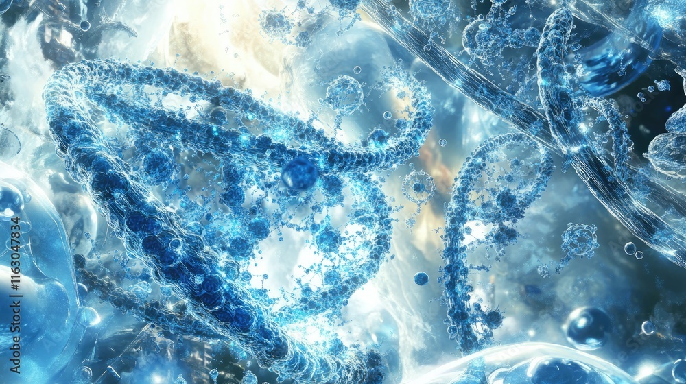 Wall mural abstract representation of molecular structures in a blue, ethereal environment.