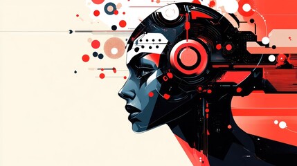 A stylized robotic head with abstract elements in red and black, symbolizing technology and innovation.