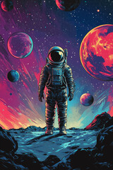 A digital painting of an astronaut standing on the surface of another planet, surrounded by vibrant galaxies and stars in space. The background features distant planets and nebulae, creating a sense o